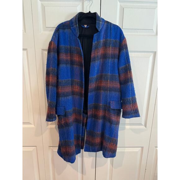 Free People Plaid Coat Jacket Blue Brown Open Front Relaxed Bohemian Style - Picture 3 of 7